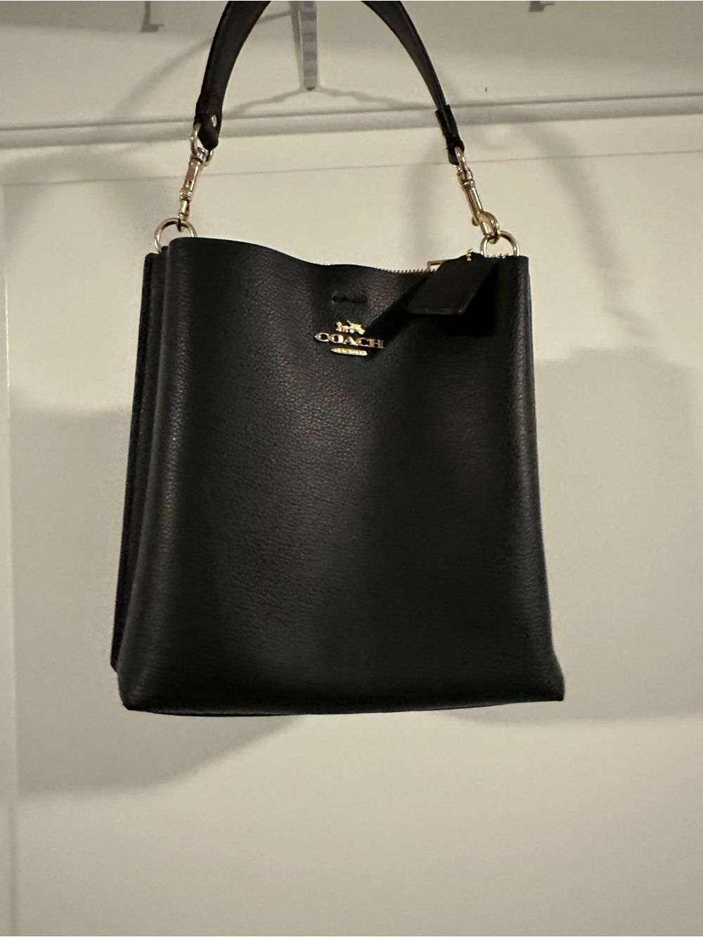 Coach Black Leather Top-Handle Bucket Bag with Red Inside